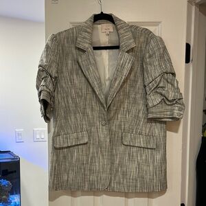 Gray Striped Blazer with Ruched Sleeves